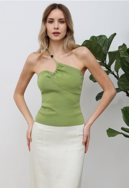 Beaded One-Shoulder Knit Top in Green
