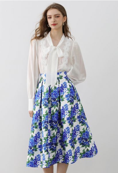 Blue Floral Romance Pleated Midi Skirt