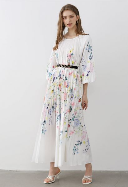 Blossoming Day Watercolor Pleated Maxi Dress in White