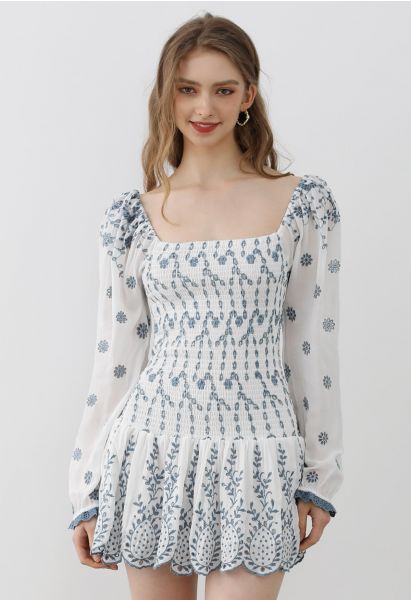 Floral Branch Embroidery Shirred Bodice Mini Dress