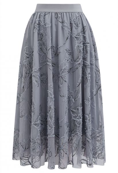 Falda midi de malla floral borrosa con hilo metálico en gris