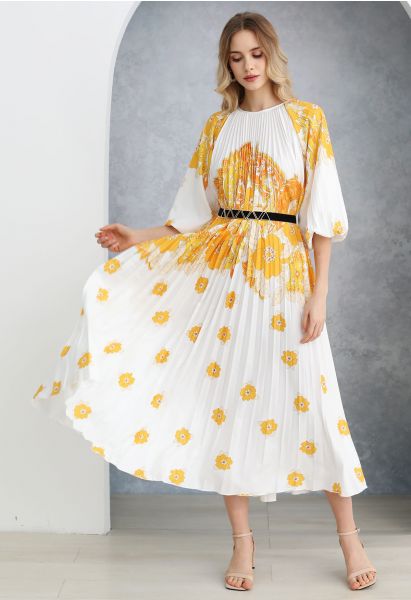 Vestido largo plisado en acuarela de Blossoming Day en amarillo