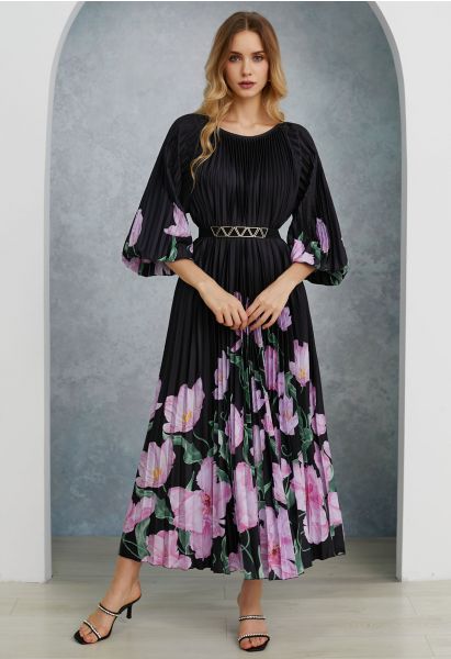 Vestido largo plisado en color acuarela de Blossoming Day en negro