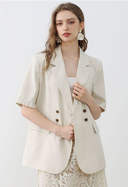 Slit Back Short Sleeve Linen-Blend Blazer in Ivory