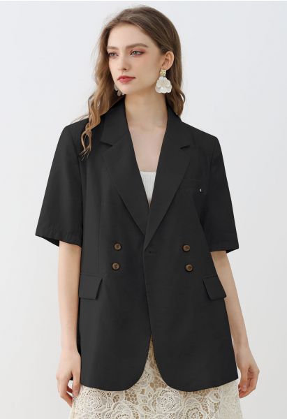 Slit Back Short Sleeve Linen-Blend Blazer in Black