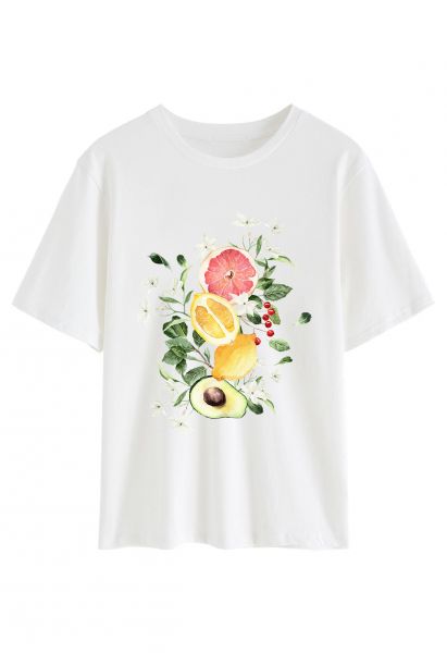 Camiseta con cuello redondo y estampado de frutas de colores