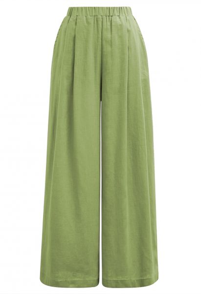 Pantalones anchos de mezcla de lino con bolsillo lateral en verde