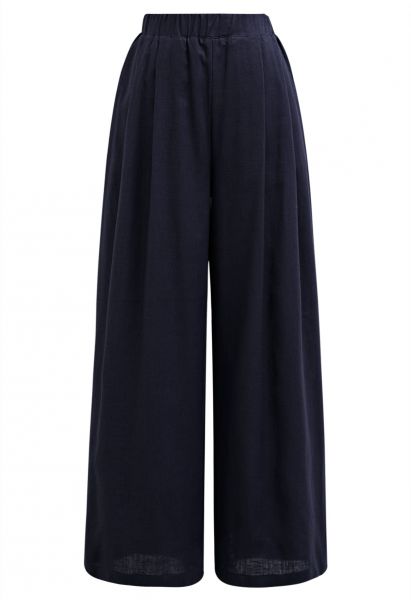 Pantalones anchos de mezcla de lino con bolsillo lateral en azul marino