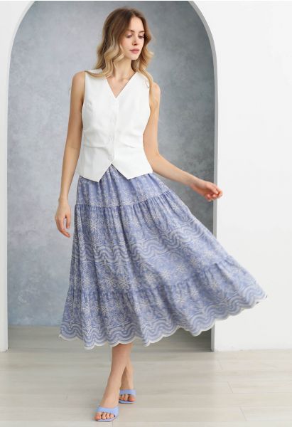 Elegante falda midi floral bordada azul