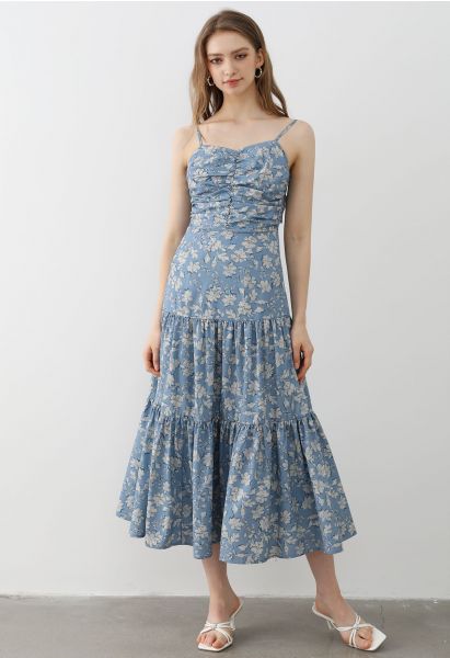 Vestido camisero con estampado floral y espalda con lazo en azul