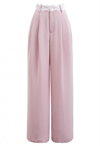 Pantalones rectos plisados con cintura de encaje en rosa