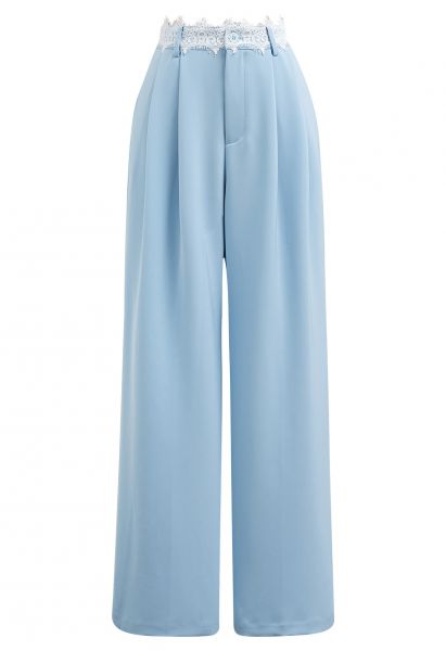 Pantalones rectos plisados con cintura de encaje en azul