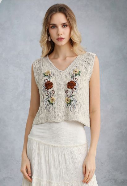 Chaleco de algodón de crochet con bordado floral 3D 