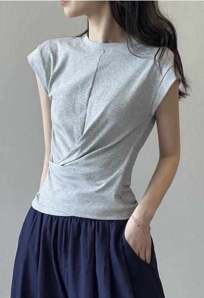 Top de algodón cruzado con mangas japonesas en gris