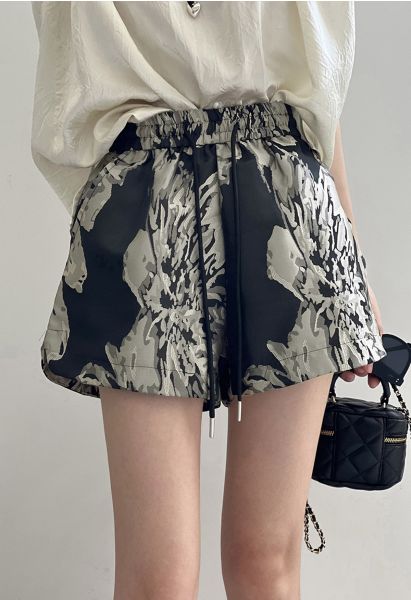Shorts con cordón en la cintura de jacquard floral 