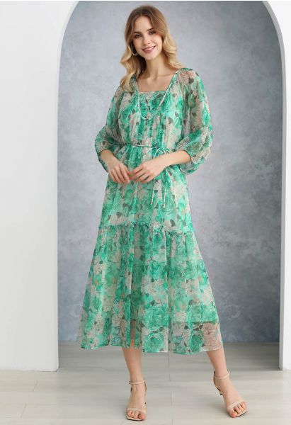 Vestido Dolly con mangas abullonadas y estampado floral gasa en verde