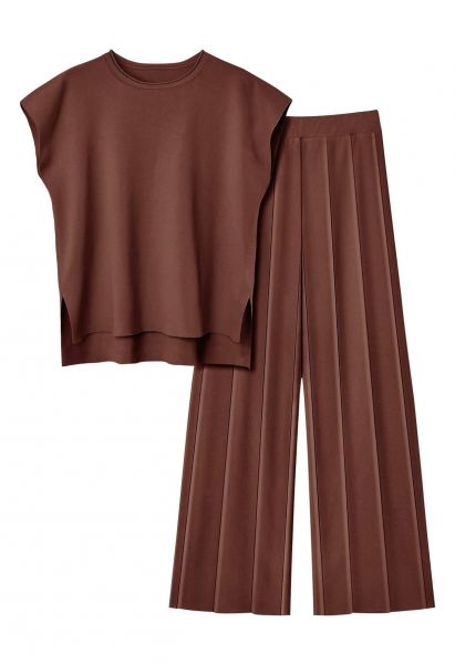Conjunto de top sin mangas y pantalones rectos Daily Comfort en marrón