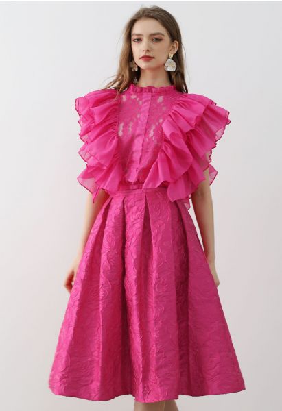 Falda midi plisada con bolsillo lateral de jacquard con rosas rosa