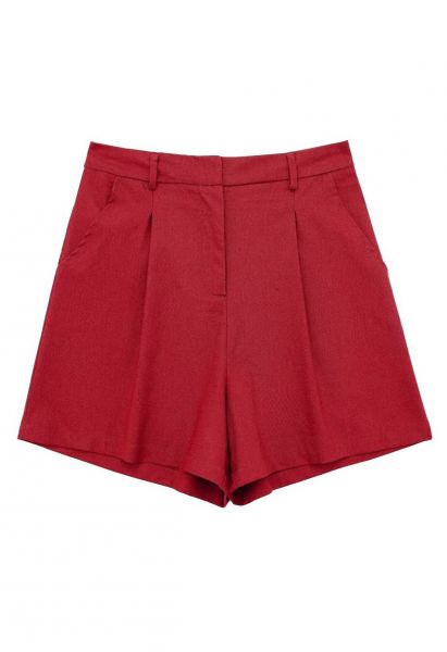 Shorts plisados de mezcla de lino con bolsillo lateral en rojo