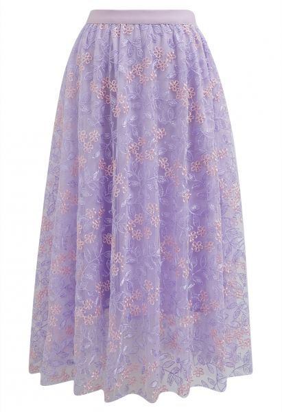 Falda midi de tul de malla con bordado de hojas florales en lila
