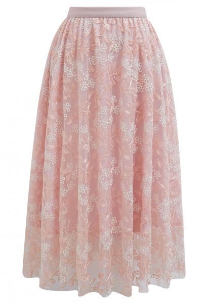 Falda midi de tul de malla con bordado de hojas florales en rosa