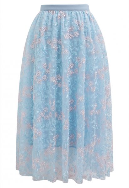 Falda midi de tul de malla con bordado de hojas florales en azul