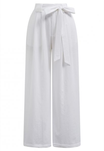 Pantalones anchos plisados con lazo y lazo en blanco