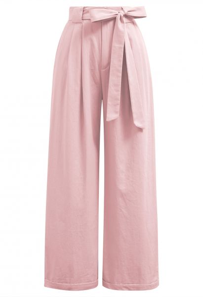 Pantalones anchos plisados con lazo y lazo en rosa
