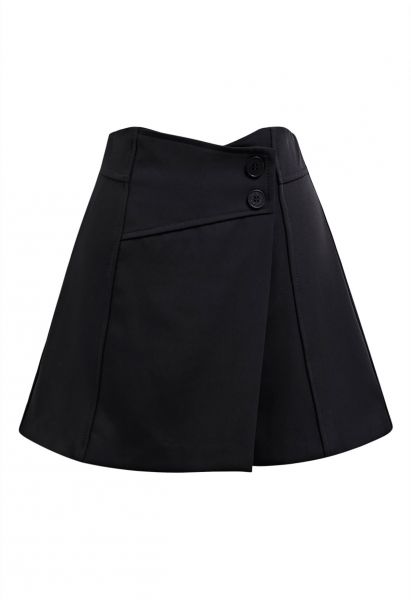 Falda pantalón con solapa y botones de cintura alta en negro
