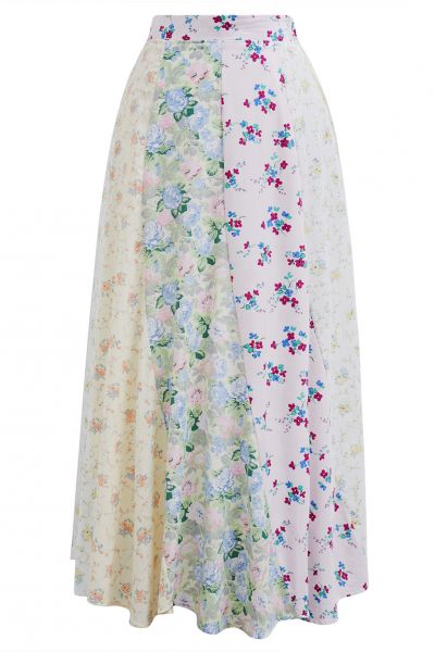 Falda larga de algodón asimétrica con patchwork floral 