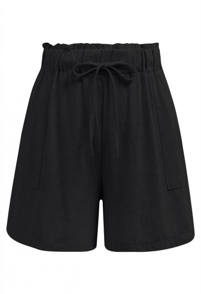 Shorts de mezcla de lino con detalle de cintura con volantes en negro