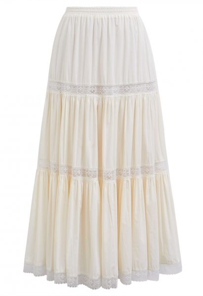 Falda midi de algodón con encaje empalmado en color crema