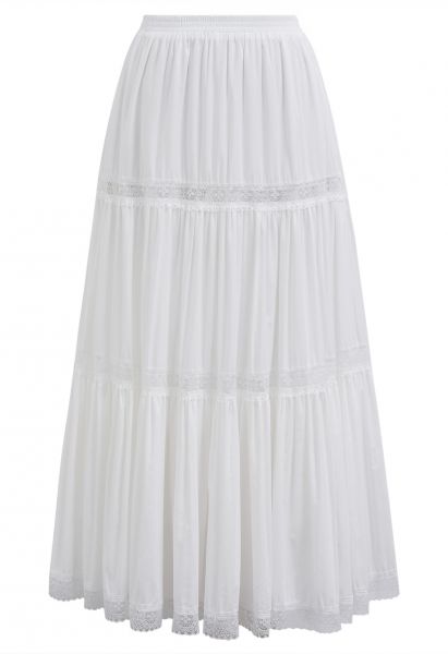 Falda midi de algodón con encaje empalmado en blanco