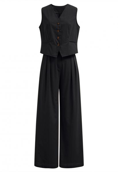 Conjunto de pantalón y chaleco con botones en mezcla de lino en negro