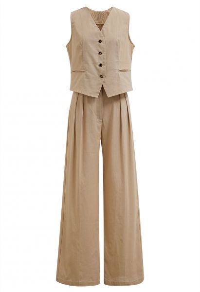 Conjunto de pantalón y chaleco con botones en mezcla de lino en color canela