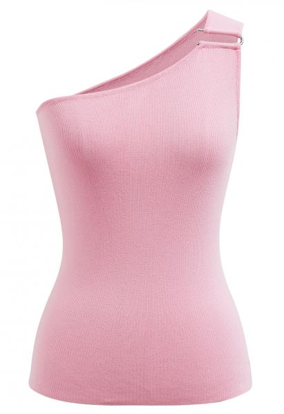 Top de punto con un solo hombro y decoración metálica en forma de U en rosa