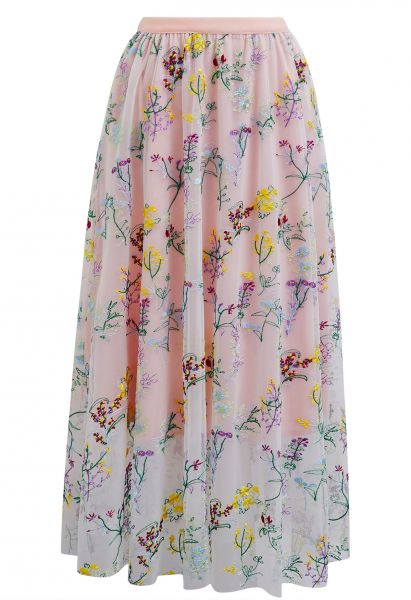 Falda midi de tulo de malla de doble capa con florecillas bordados