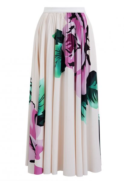 Falda plisada tipo acordeón floral acuarela en marfil