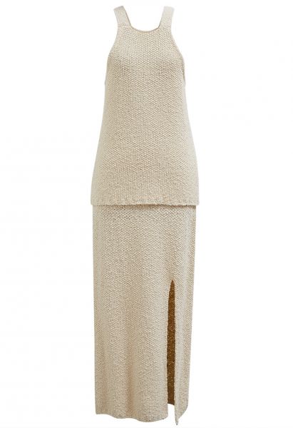 Conjunto de top tipo camisola y falda larga de croché tipo gofre en color crema