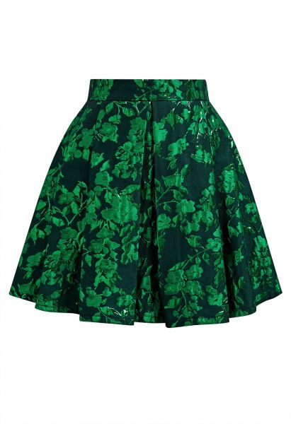 Minifalda plisada de jacquard floral verde