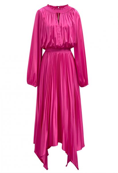 Vestido asimétrico plisado con detalle fruncido y aberturas en rosa intenso