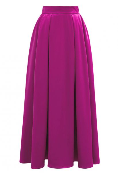 Elegante falda larga plisada con bolsillo lateral en rosa intenso