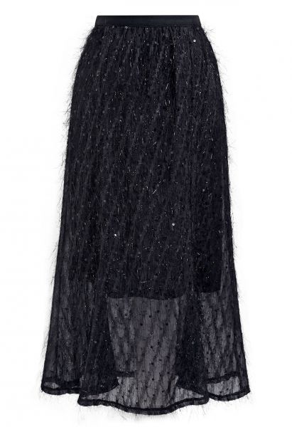 Falda midi con flecos brillantes y lentejuelas en negro