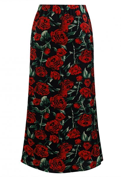 Falda midi con estampado de rosas rojas
