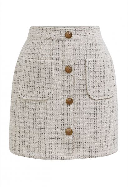 Minifalda con botones vintage de tweed de rejilla
