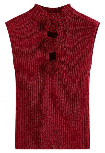 Top de punto sin mangas con flores de crochet 3D en rojo