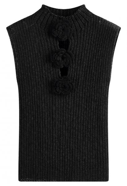 Top de punto sin mangas con flores de crochet 3D en negro