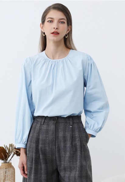 Camisa de algodón con mangas abullonadas de estilo informal en azul cielo