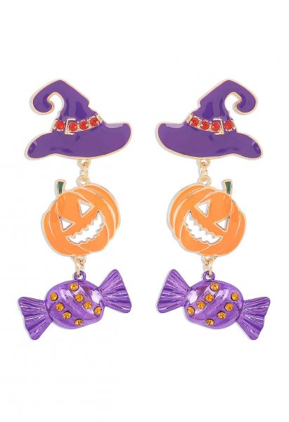 Pendientes de calabaza con forma de sombrero de bruja y caramelo en color morado