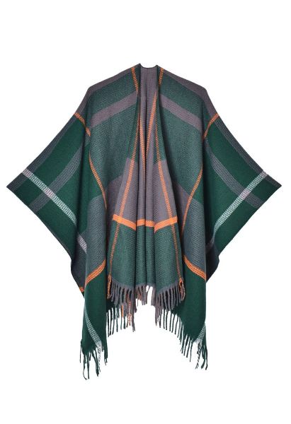 Poncho con dobladillo con flecos y cuadrícula geométrica en verde oscuro